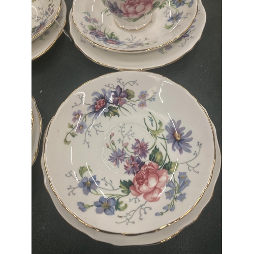 110 - FIVE CHINA CROWN STAFFORDSHIRE FLORAL DECORATED TRIOS, ETC