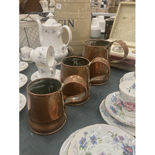 112 - THREE GRADUATED COPPER TANKARDS