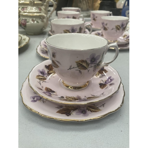 135 - FIVE COLCLOUGH TRIOS IN LILAC WITH BLACKBERRY PATTERN PLUS A CUP AND SAUCER