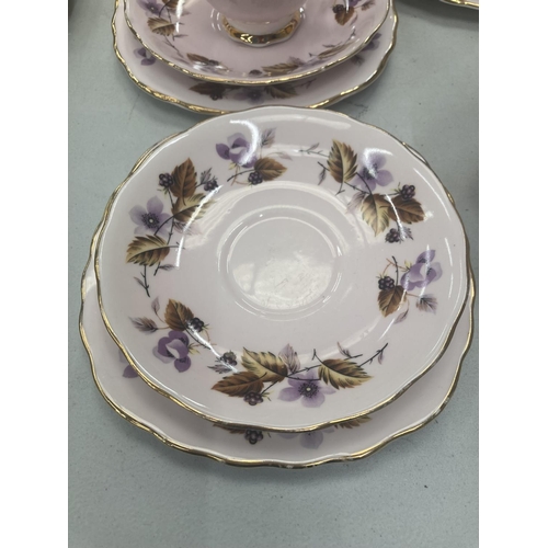 135 - FIVE COLCLOUGH TRIOS IN LILAC WITH BLACKBERRY PATTERN PLUS A CUP AND SAUCER