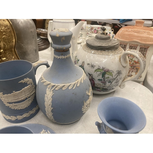 137 - A QUANTITY OF BLUE JASPERWARE TO INCLUDE TANKARDS, CUP AND SAUCER, VASES, BOTTLE PLUS AN ORIENTAL TE... 