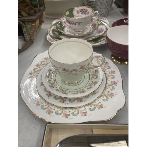 143 - A ROYAL GRAFTON FLORAL PATTERNED QUAD, PARAGON QUAD, TRENTHAM TRIO, CREAM JUG AND SUGAR BOWL AND TWO... 