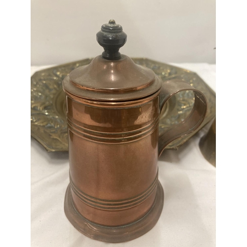 89 - A COPPER LIDDED TANKARD BY 'ARMY AND NAVY' C.S.L. MAKERS, LONDON, A HEAVY HAND BEATEN COPPER JUG, A ... 