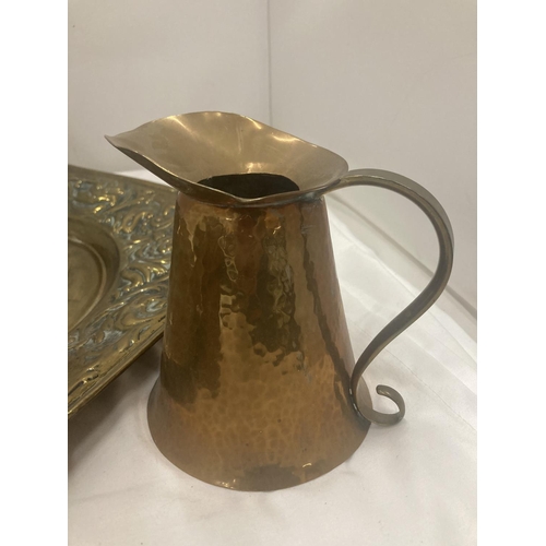 89 - A COPPER LIDDED TANKARD BY 'ARMY AND NAVY' C.S.L. MAKERS, LONDON, A HEAVY HAND BEATEN COPPER JUG, A ... 