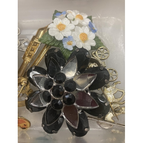 91 - A QUANTITY OF MAINLY VINTAGE COSTUME JEWELLERY BROOCHES TO INCLUDE BUTTERFLIES, DRAGONFLY, CERAMIC, ... 