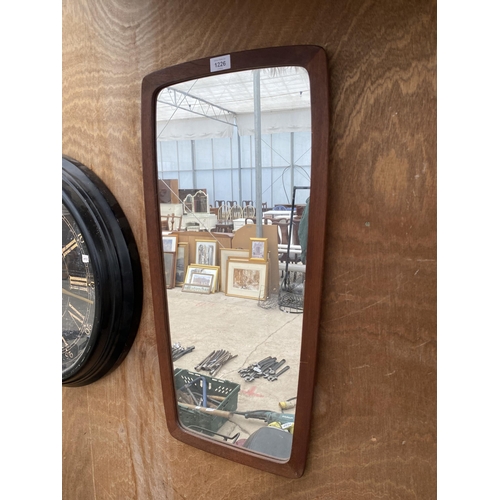 1226 - A TEAK FRAMED WALL MIRROR STAMPED MADE IN DENMARK