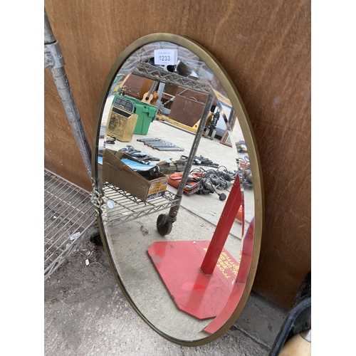 1233 - A BRASS FRAMED BEVELED EDGE WALL MIRROR