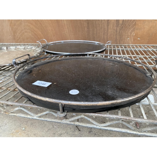 1246 - TWO BLACK GLASS TRAYS WITH METAL GALLERY SIDES AND A LARGEWALKER AND HALL SILVER PLATE SALVER