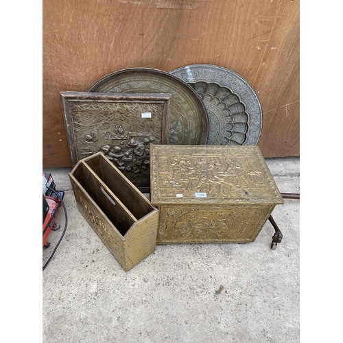 1259 - AN ASSORTMENT OF ITEMS TO INCLUDE A BRASS COVERED LOG BOX, THREE EMBOSSED WALL PLAQUES AND A BRASS C... 