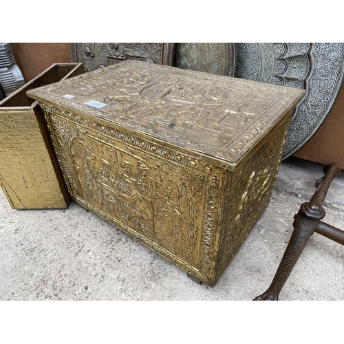 1259 - AN ASSORTMENT OF ITEMS TO INCLUDE A BRASS COVERED LOG BOX, THREE EMBOSSED WALL PLAQUES AND A BRASS C... 