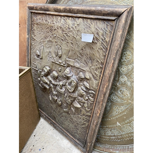 1259 - AN ASSORTMENT OF ITEMS TO INCLUDE A BRASS COVERED LOG BOX, THREE EMBOSSED WALL PLAQUES AND A BRASS C... 