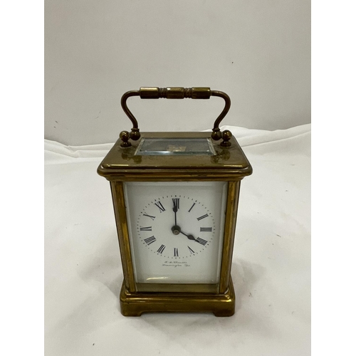 10A - A BRASS CARRIAGE CLOCK BY F A CHANDLER LEMINGTON SPA WITH TOP ESCAPEMENT VEIWING PANE