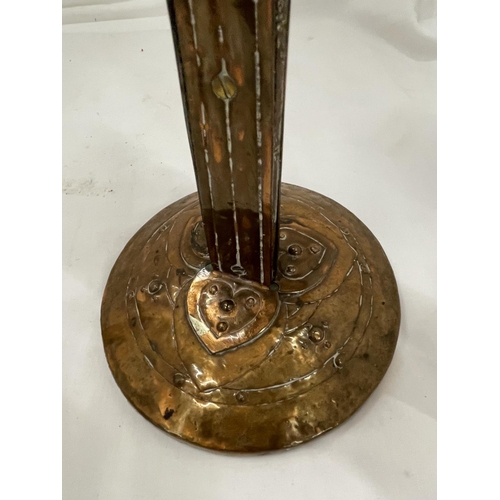 14 - A PAIR OF COPPER ARTS AND CRAFTS CANDLESTICKS HEIGHT 23M