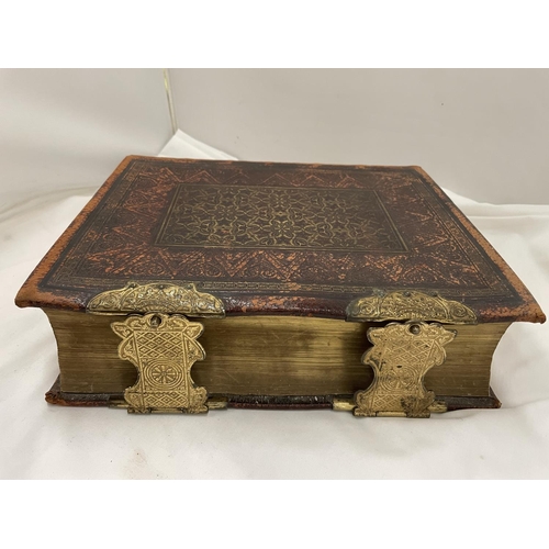 15 - AN 1870'S BIBLE WITH 42 ILLUSTRATED PLATES , GOLD LEAF PAGES AND BRASS CLASPS