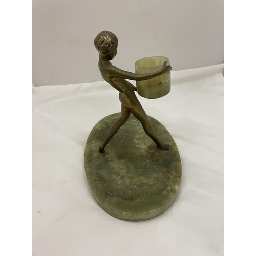 16 - A BRASS LADY WITH AN ONYX TRAY BASE AND TEALIGHT STYLE HOLDER