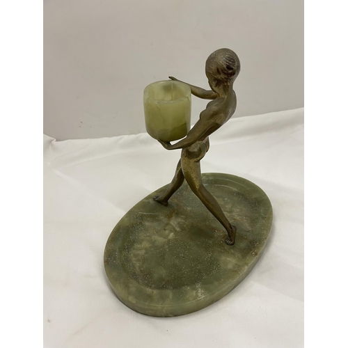 16 - A BRASS LADY WITH AN ONYX TRAY BASE AND TEALIGHT STYLE HOLDER