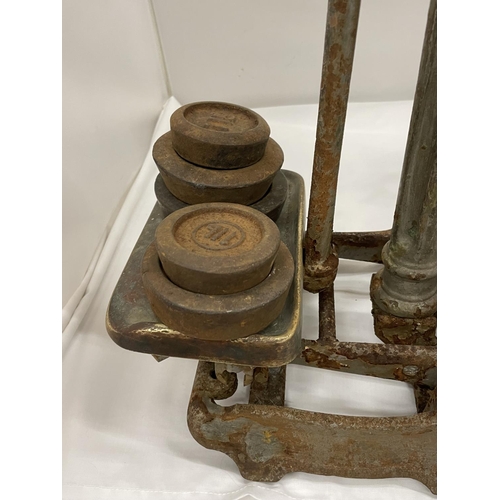 2 - A HERBERT AND SON ANTIQUE BUTCHERS SCALES WITH CERAMIC TRAY AND VARIOUS WEIGHTS