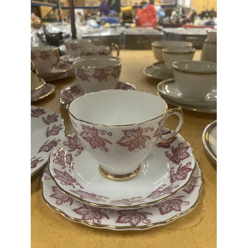 213 - A ROYAL VALE TEASET IN WHITE WITH RED LEAF PATTERN TO INCLUDE A CAKE PLATE, CREAM JUG, SUGAR BOWL, C... 