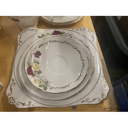 223 - A ROYAL STAFFORD CHINA TEASET WITH ROSE AND GILT PATTERN TO INCLUDE A CAKE PLATE, CUPS, SAUCERS, SID... 