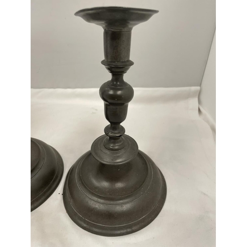 25 - A PAIR OF VINTAGE PEWTER CANDLESTICKS WITH MAKERS MARK