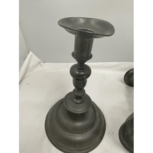 25 - A PAIR OF VINTAGE PEWTER CANDLESTICKS WITH MAKERS MARK