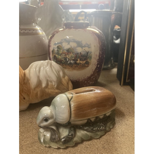 250 - A QUANTITY OF CERAMIC ITEMS TO INCLUDE A SYLVAC PEKENESE DOG, CERAMIC BEETLE MONEY BANK, AYNSLEY 'PE... 