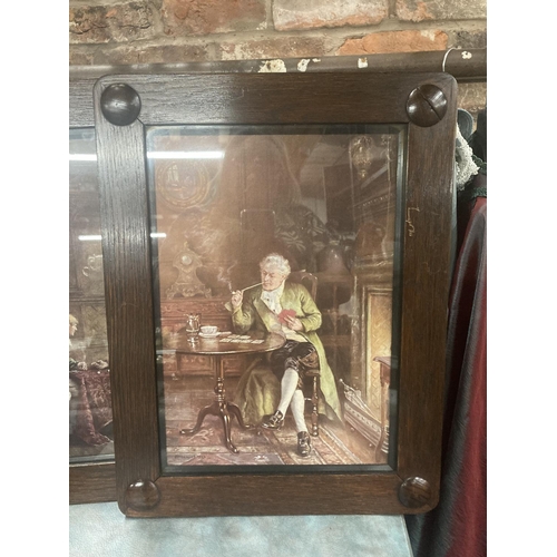 253 - TWO PRINTS OF VINTAGE GENTLEMEN PLAYING GAMES IN WOODEN ARTS AND CRAFTS STLE FRAMES 35CM X 46CM