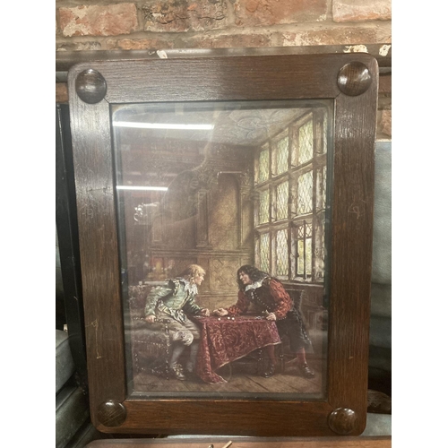 253 - TWO PRINTS OF VINTAGE GENTLEMEN PLAYING GAMES IN WOODEN ARTS AND CRAFTS STLE FRAMES 35CM X 46CM