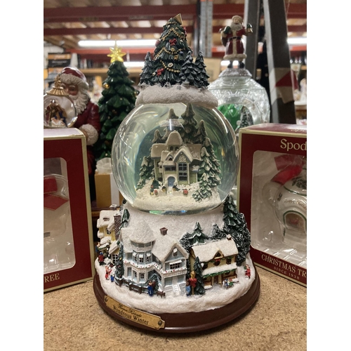 255 - A COLLECTION OF CHRISTMAS ORNAMENTS TO INCLUDE A LARGE SNOW GLOBE, A SNOW SCENE IN A GLASS BELL,SANT... 