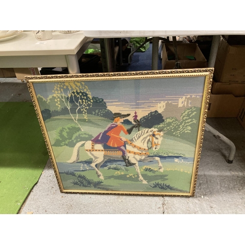 276 - TWO GILT FRAMED WOOLWORK TAPESTRIES, ONE A HUNT SCENE 46CM X 55.5CM, THE OTHER A KNIGHT ON A HORSE 6... 