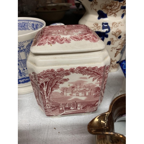 280 - A QUANTITY OF CERAMIC ITEMS TO INCLUDE A MASON'S JUG, LIVERPOOL AND MANCHESTER TWIN HANDLED MUG, LUS... 