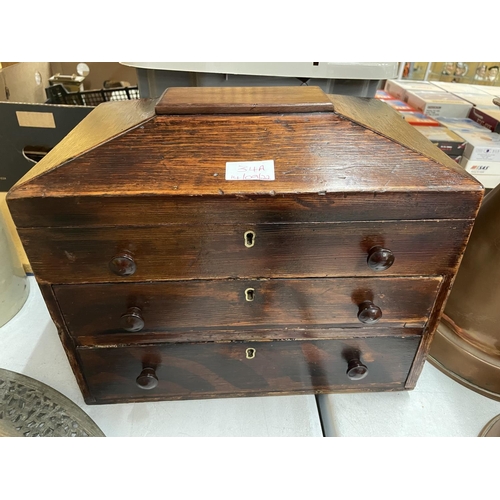 34A - A VICTORIAN MINATURE THREE DRAWER CHEST WITH OPENING LID 36CM X 25CM X 27CM