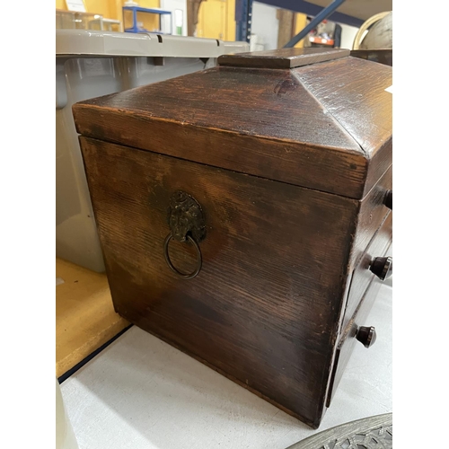 34A - A VICTORIAN MINATURE THREE DRAWER CHEST WITH OPENING LID 36CM X 25CM X 27CM