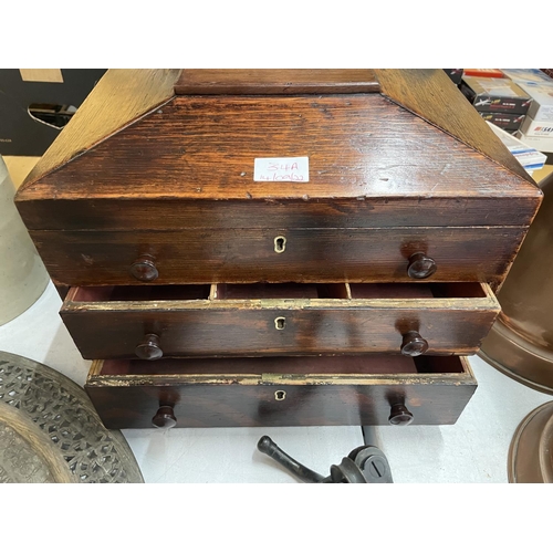 34A - A VICTORIAN MINATURE THREE DRAWER CHEST WITH OPENING LID 36CM X 25CM X 27CM