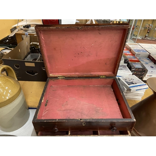 34A - A VICTORIAN MINATURE THREE DRAWER CHEST WITH OPENING LID 36CM X 25CM X 27CM