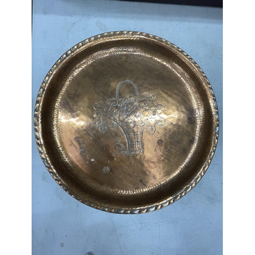 56 - A HAROLD HOLMES COPPER TRAY WITH FLORAL BASKET DECORATION