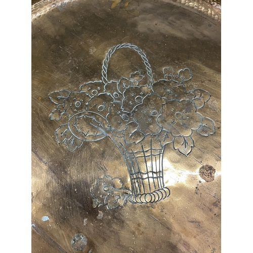 56 - A HAROLD HOLMES COPPER TRAY WITH FLORAL BASKET DECORATION