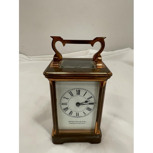 5A - A COPPER CARRIAGE CLOCK WITH BRASS MOVEMENT BY Wm BUFORD AND SON EASTBOURNE AND EXETER WITH TOP ESCA... 