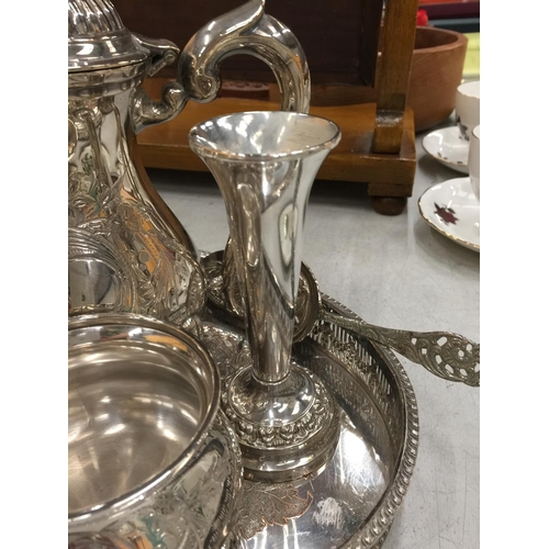 159 - A SILVER PLATED ON COPPER TRAY TEA AND COFFEE SET WITH SUGAR BOWL, MILK JUG, BUD VASE AND CAKE SLICE