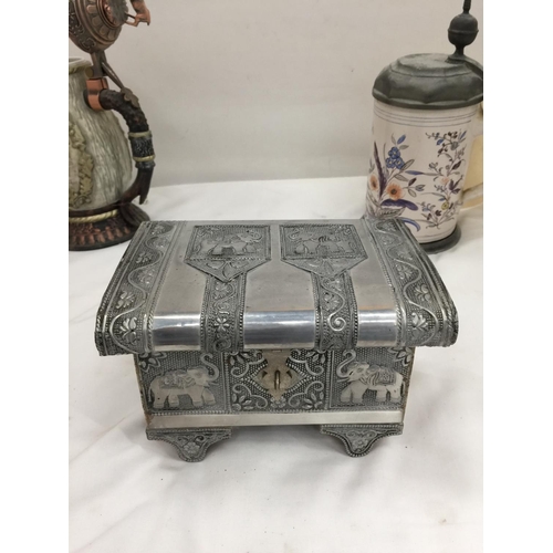 161 - A PLATED JEWELLERY BOX IN AN ASIAN STYLE WITH EMBOSSED ELEPHANT DECORATION, THE BRADFORD EXCHANGE 'F... 