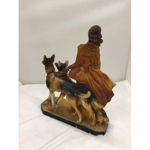 162 - AN EARLY 20TH CENTURY ART DECO STYLE CHALKWARE FIGURE OF A LADY AND TWO GERMAN SHEPHERDS MARKED RD 8... 