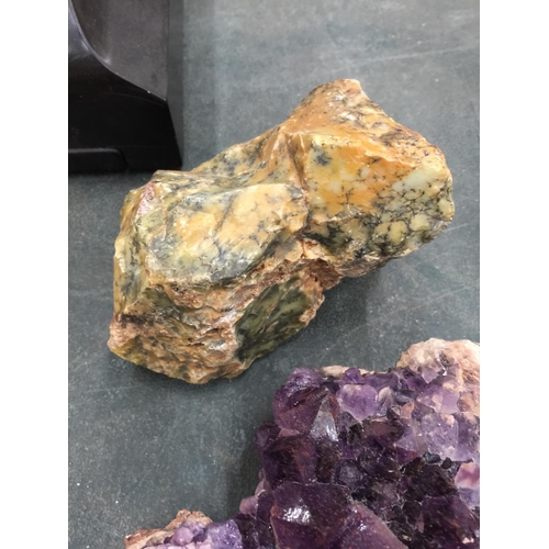 164 - TWO DEEP PURPLE AMETHYST CRYSTALS, A DENDRITE, CHALLEDONY, ETC