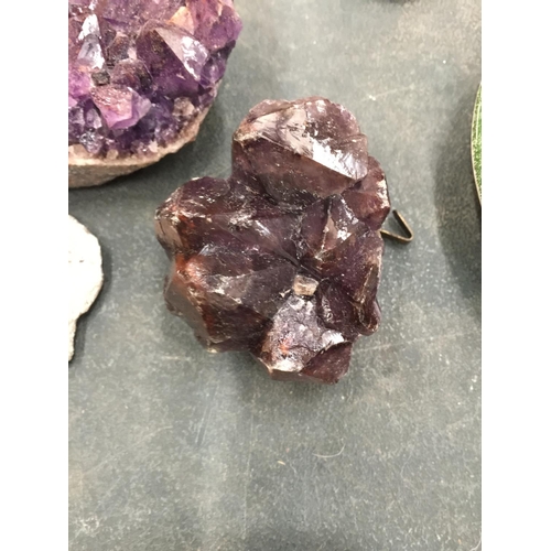 164 - TWO DEEP PURPLE AMETHYST CRYSTALS, A DENDRITE, CHALLEDONY, ETC