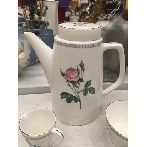 189 - A NORWEGIAN FIGGJO FLINT COFFEE SET WITH ROSE PATTERN TO INCLUDE COFFEE POT, CREAM JUG, SUGAR BOWL, ... 