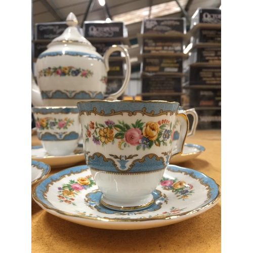 209 - A CROWN STAFFORDSHIRE COFFEE SET IN A BLUE AND FLORAL PATTERN TO INCLUDE A COFFEE POT, CREAM JUG, SU... 