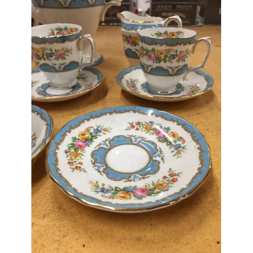 209 - A CROWN STAFFORDSHIRE COFFEE SET IN A BLUE AND FLORAL PATTERN TO INCLUDE A COFFEE POT, CREAM JUG, SU... 