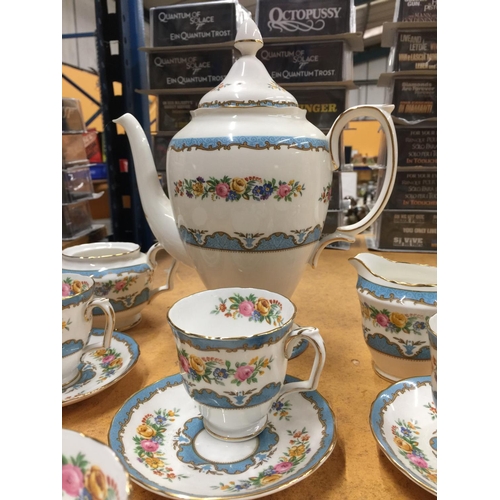 209 - A CROWN STAFFORDSHIRE COFFEE SET IN A BLUE AND FLORAL PATTERN TO INCLUDE A COFFEE POT, CREAM JUG, SU... 