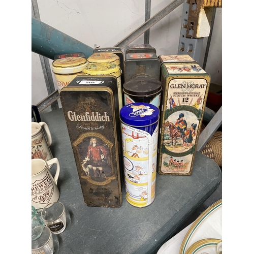 404 - A QUANTITY OF MALT WHISKY TINS TO INCLUDE GLENFIDDICH, GLENMORANGIE, GLEN MORAY, ETC