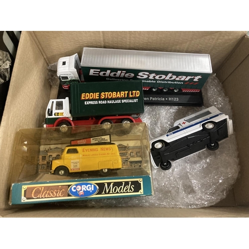 3412 - FOUR DIECAST VEHICLES TO INCLUDE A BOXED CORGI BEDFORD, TWO CORGI EDDIE STOBART TRUCKS AND A CHEVROL... 