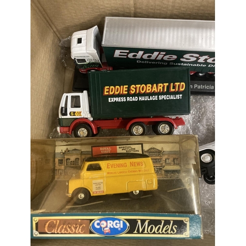 3412 - FOUR DIECAST VEHICLES TO INCLUDE A BOXED CORGI BEDFORD, TWO CORGI EDDIE STOBART TRUCKS AND A CHEVROL... 